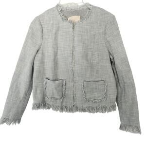 Rebecca Taylor Gray Tweed Blazer Jacket sz 4 Fringe Cropped Full Zip Preppy